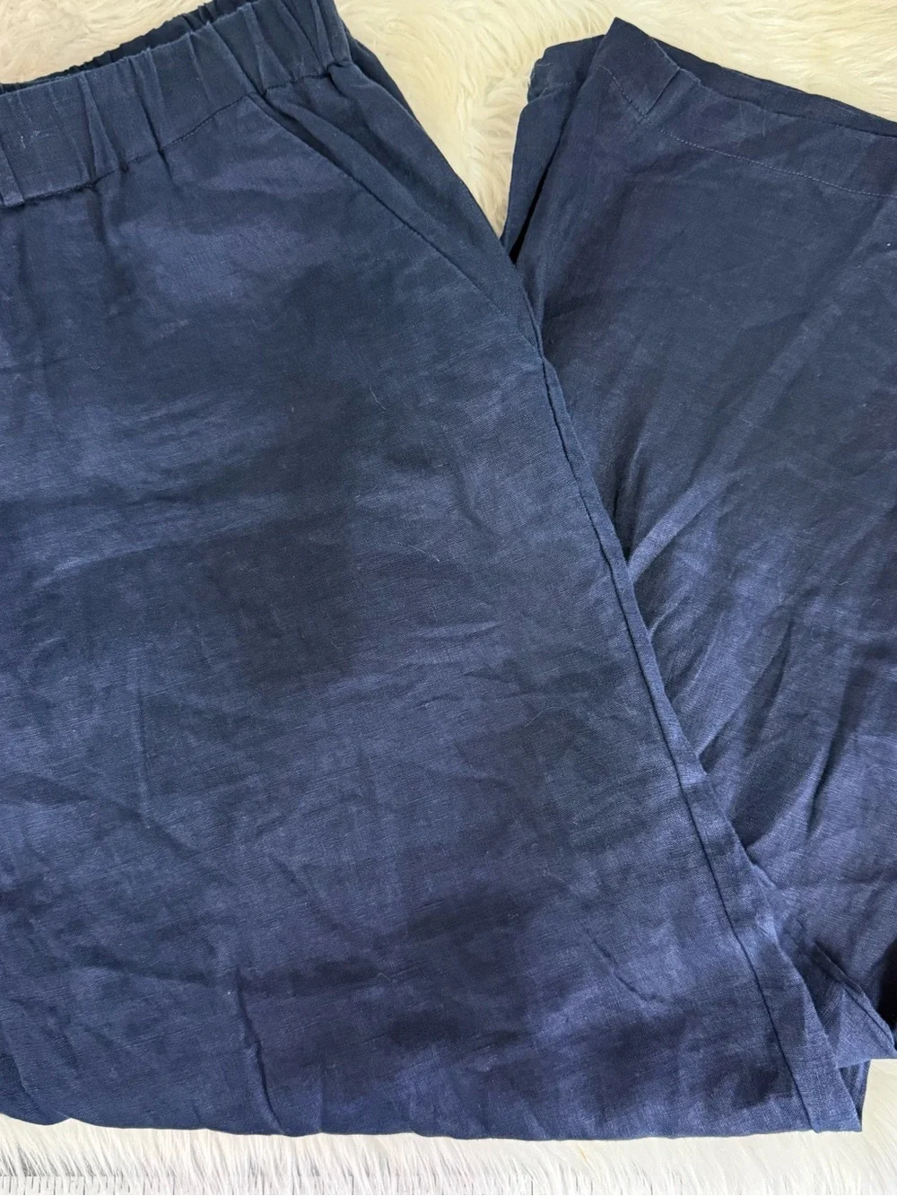 Quince 100% Linen Pull On Crop Pants Navy Blue 1X Wide Leg Pockets